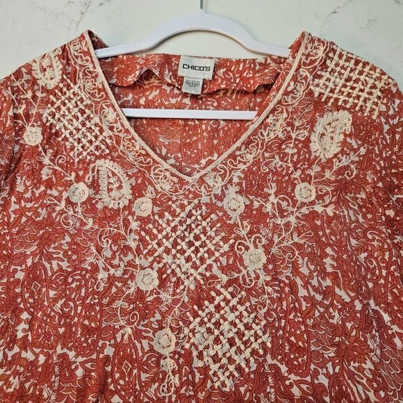 Chico's Tan & White Floral Boho Embroidered Rayon Blouse Top Size 2, Large - Picture 3 of 8